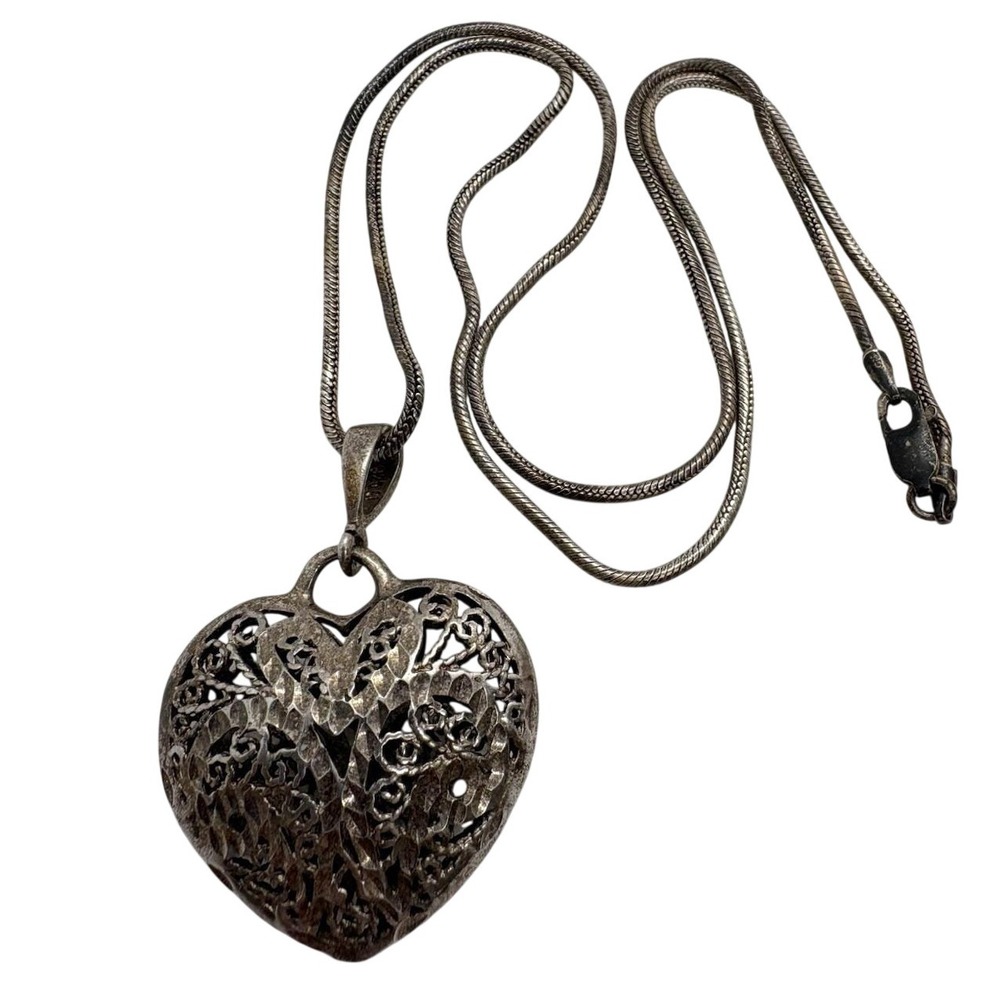 Vintage CI THAI Etched Puffy Heart Pendant Sterling Silver 925 18'' Necklace 13g